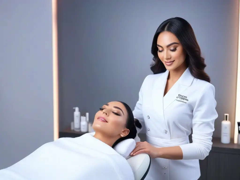 Experiencia de lujo: Facial personalizado en spa de alta gama Un oasis de lujo: una cabina facial moderna con una esteticista experta preparando un tratamiento facial personalizado