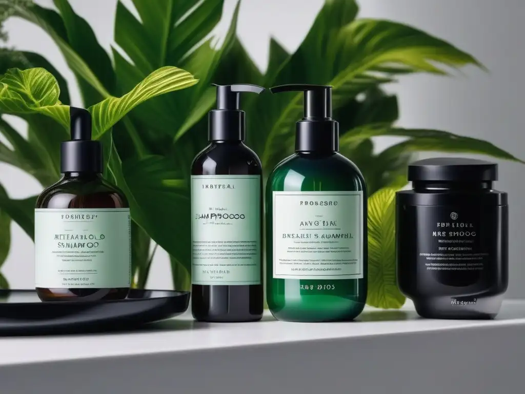 Estantería de baño con productos capilares de lujo: indulgencia y elegancia Un oasis de lujo en un estante de baño con tratamientos capilares en casa, productos premium y plantas exuberantes