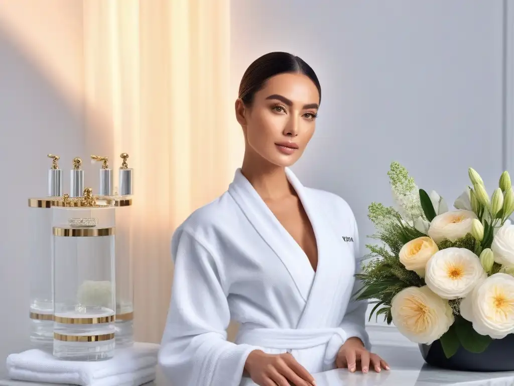 Recepción de spa lujoso con ambiente sereno y elegante Un oasis de lujo para piel: recepción de mármol blanco, productos elegantes, esteticista profesional y una atmósfera serena