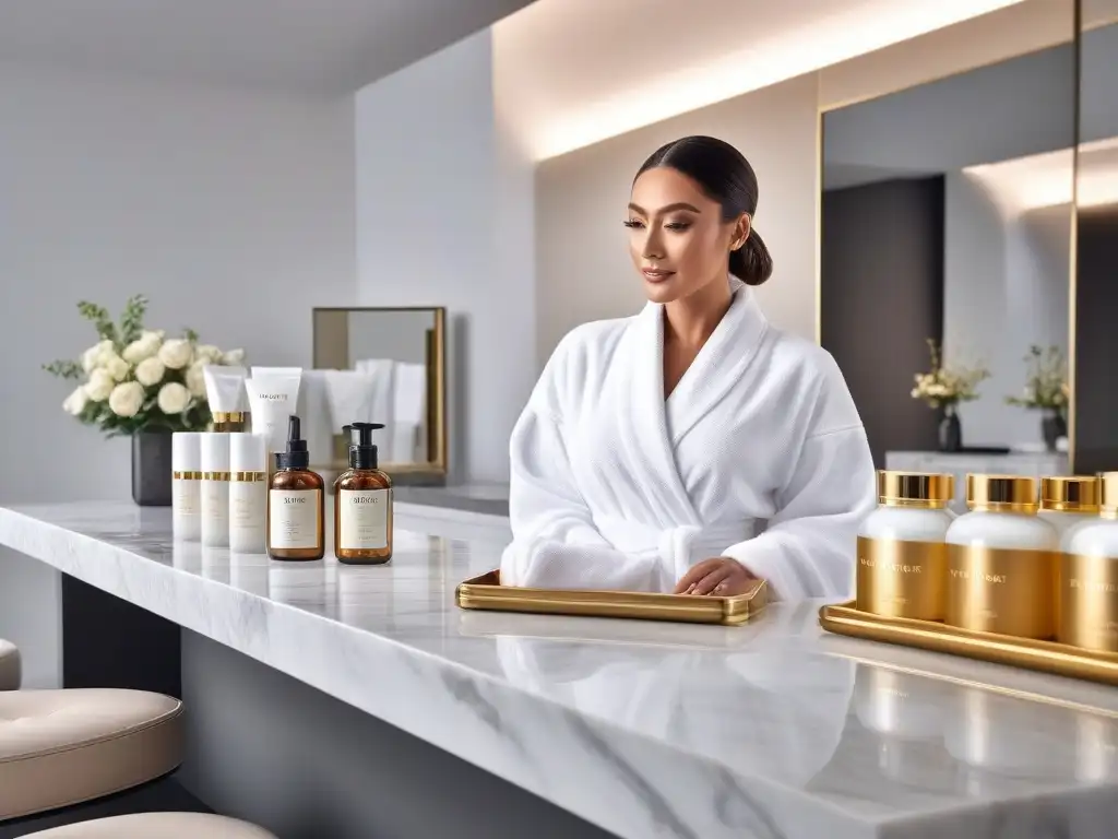 Spa de lujo: tratamiento facial de alta gama Un oasis de lujo para piel: sala de tratamiento de spa con diseño moderno, luz ambiental suave y productos de skincare