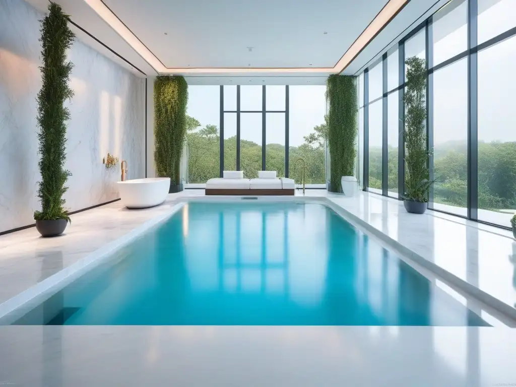 Centro de hidroterapia exclusivo: piscina interior de lujo y relajación Un oasis de lujo con piscina interior rodeada de vegetación exuberante y suaves luces ambientales