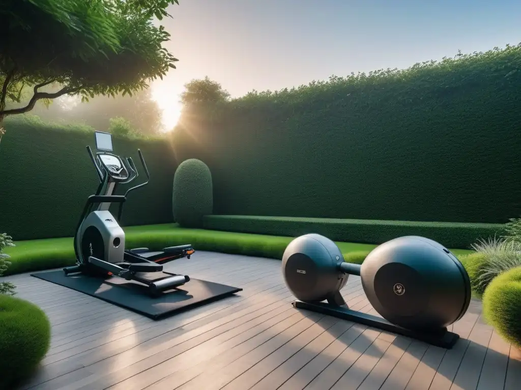 Gimnasio al aire libre de lujo en jardín exuberante Un oasis de lujo y salud en un jardín con equipamiento fitness de alta gama