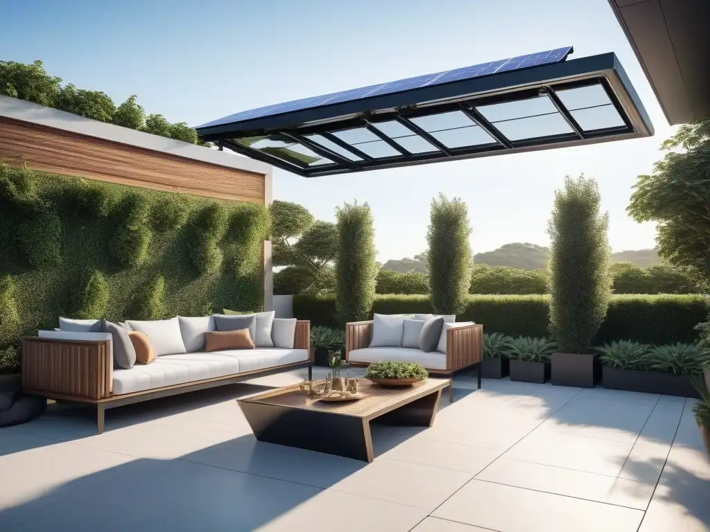 Terraza de lujo con paneles solares integrados y diseño moderno Un oasis moderno en la azotea con paneles solares integrados en un diseño elegante