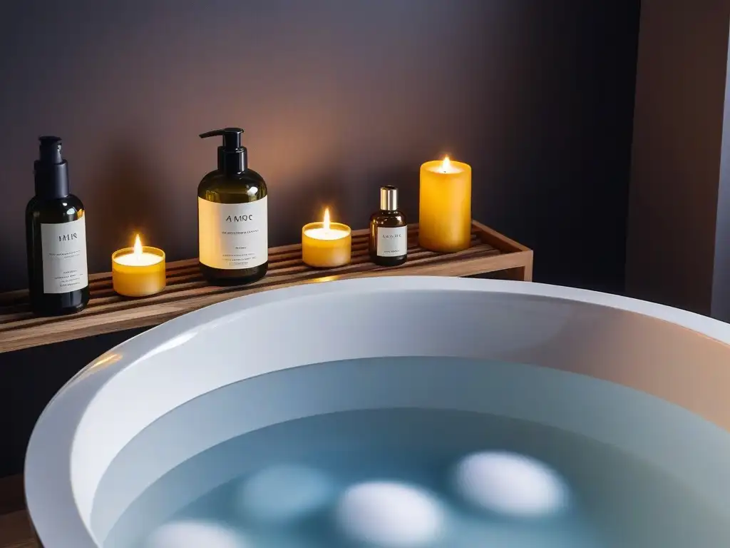 Ritual de lujo: baño relajante con burbujas y tratamientos capilares Un oasis de relajación en casa para tratamientos capilares: bañera llena de burbujas, velas, toalla, y productos de lujo en elegante estante de madera