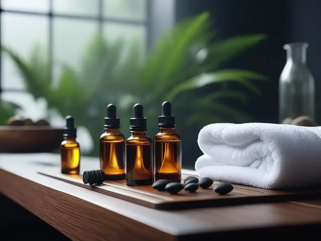 Estación de cuidado de la piel con aceites esenciales en spa de lujo Un oasis de serenidad y sofisticación en un spa, con estación de cuidado facial y aceites esenciales