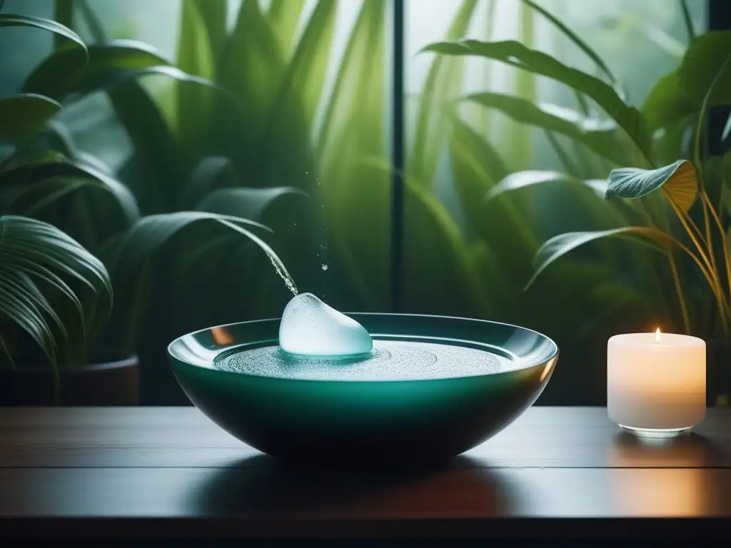 Spa relajante con ácido hialurónico brillante Un oasis de serenidad con tratamientos belleza pieles sensibles: cuenco de agua centelleante y ácido hialurónico brillante en spa minimalista