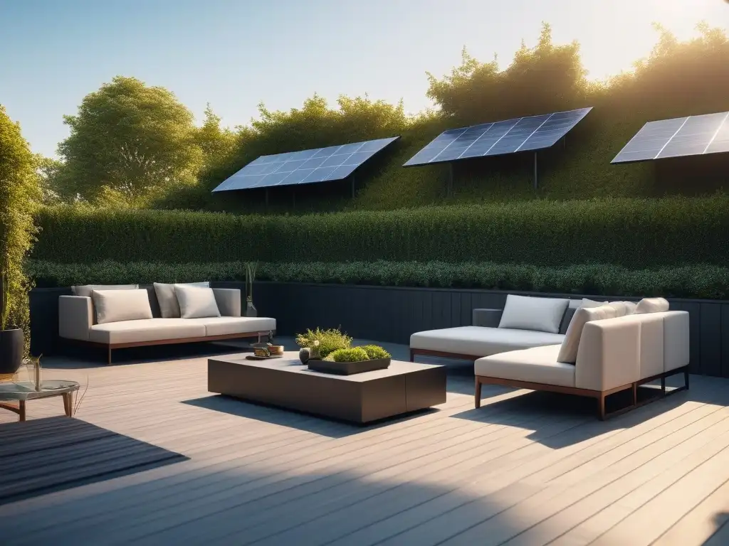 Terraza de lujo con paneles solares integrados: elegancia y sostenibilidad Un oasis sostenible y lujoso en la azotea con paneles solares integrados, destacando beneficios paneles solares diseño sostenible