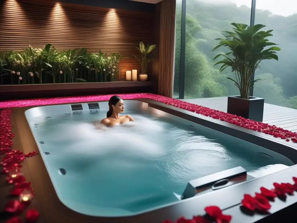 Exclusivo spa de hidroterapia: relajación y lujo Un oasis de tranquilidad: hidroterapias exclusivas para rejuvenecer en un lujoso spa con una bañera moderna y exuberante vegetación