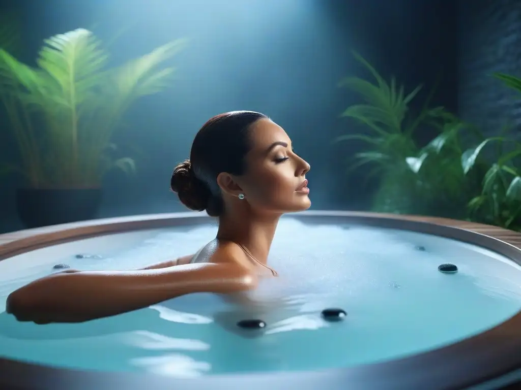 Exclusivo spa con bañera hidroterapéutica moderna en entorno relajante Un oasis de tranquilidad con hidroterapias exclusivas para rejuvenecer, rodeado de plantas verdes, luz suave y un terapeuta experto
