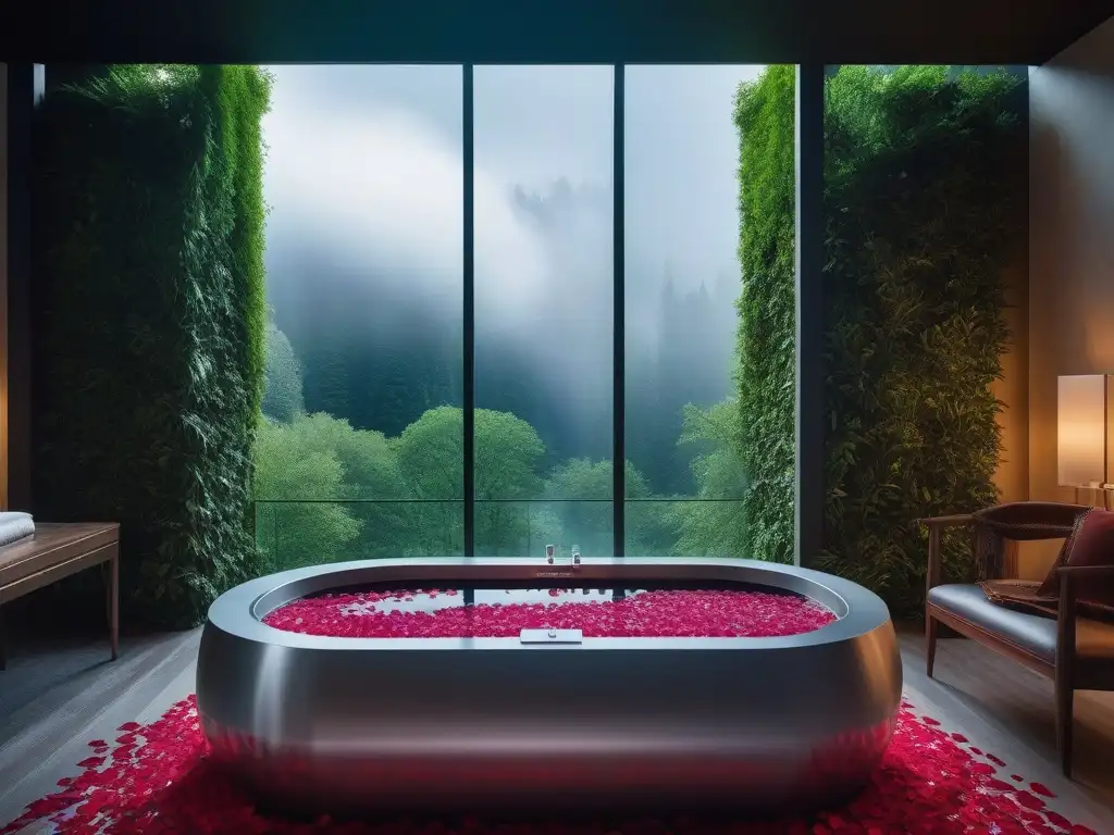 Spa exclusivo: hidroterapia de lujo entre rosas y cascadas Un oasis de tranquilidad y lujo con una bañera de hidroterapia moderna rodeada de naturaleza exuberante y una cascada cristalina