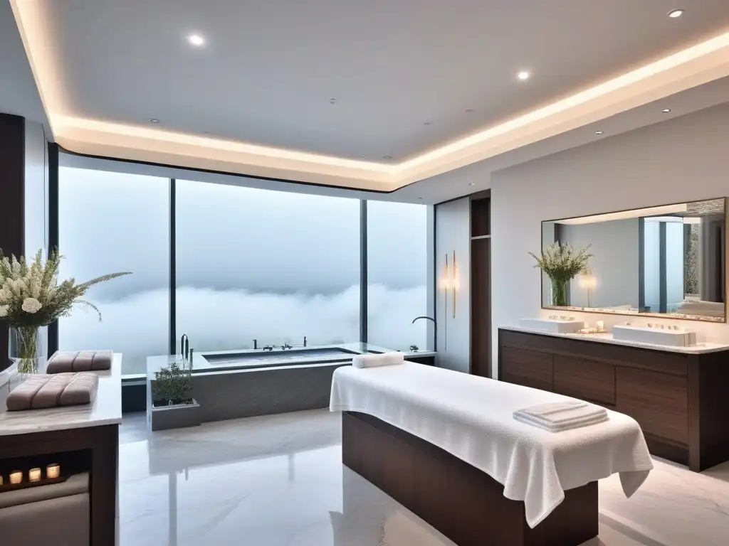 Suntuoso spa minimalista para relajación total Un oasis de tranquilidad y lujo con productos de belleza para cuerpos en un spa elegante