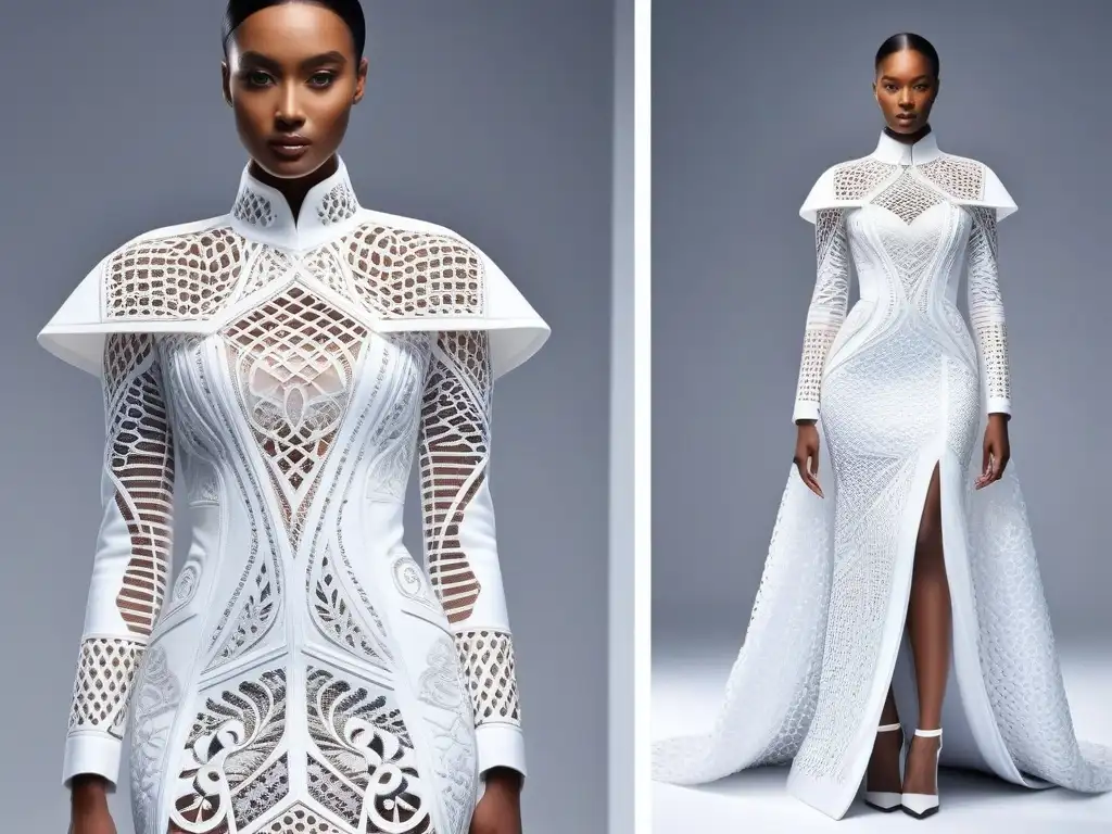 Vestido de alta costura 3D: fusión de tecnología y elegancia Una obra de alta costura futurista impresa en 3D, fusionando tecnología y moda en un diseño vanguardista
