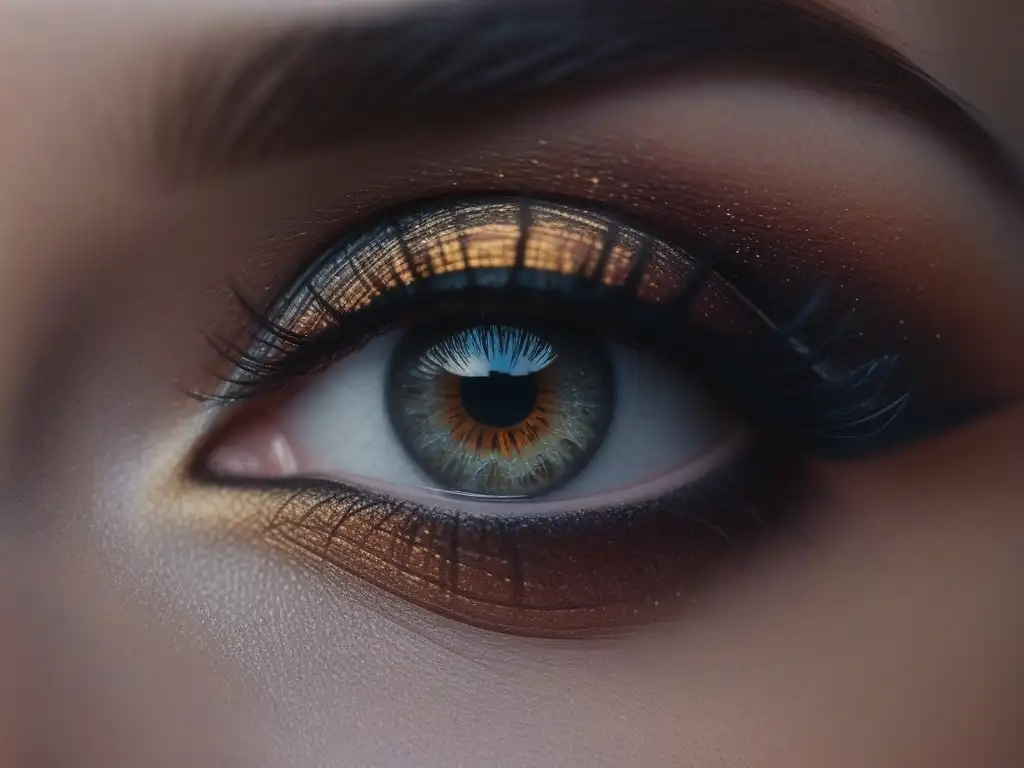 Maquillaje de ojos: arte en tonos cálidos y fríos Un ojo detallado con sombras en tonos cálidos y fríos para pieles diversas, resaltando la meticulosidad y la habilidad en el maquillaje de ojos