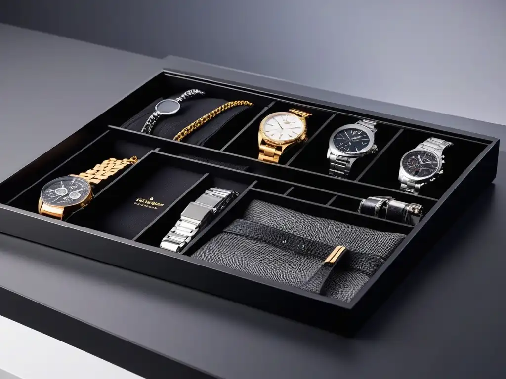 Organizador de accesorios moderno y sofisticado | Negra mate y acrílico transparente | Compartimentos para relojes, gafas, joyas y gadgets tech Un organizador de accesorios adaptativos para estilo único, con diseño minimalista y sofisticado