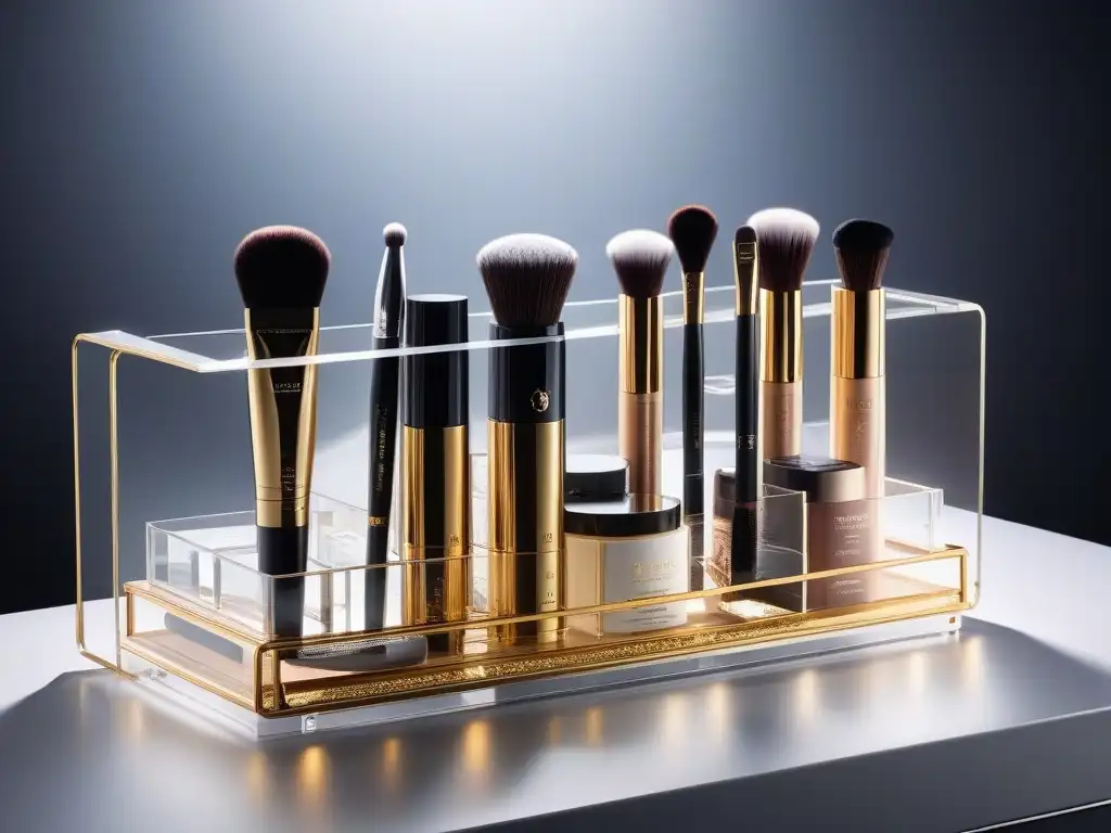 Organizador de belleza de lujo: glamour y funcionalidad Un organizador de belleza de lujo en acrílico transparente con detalles en dorado, repleto de productos de belleza exclusivos