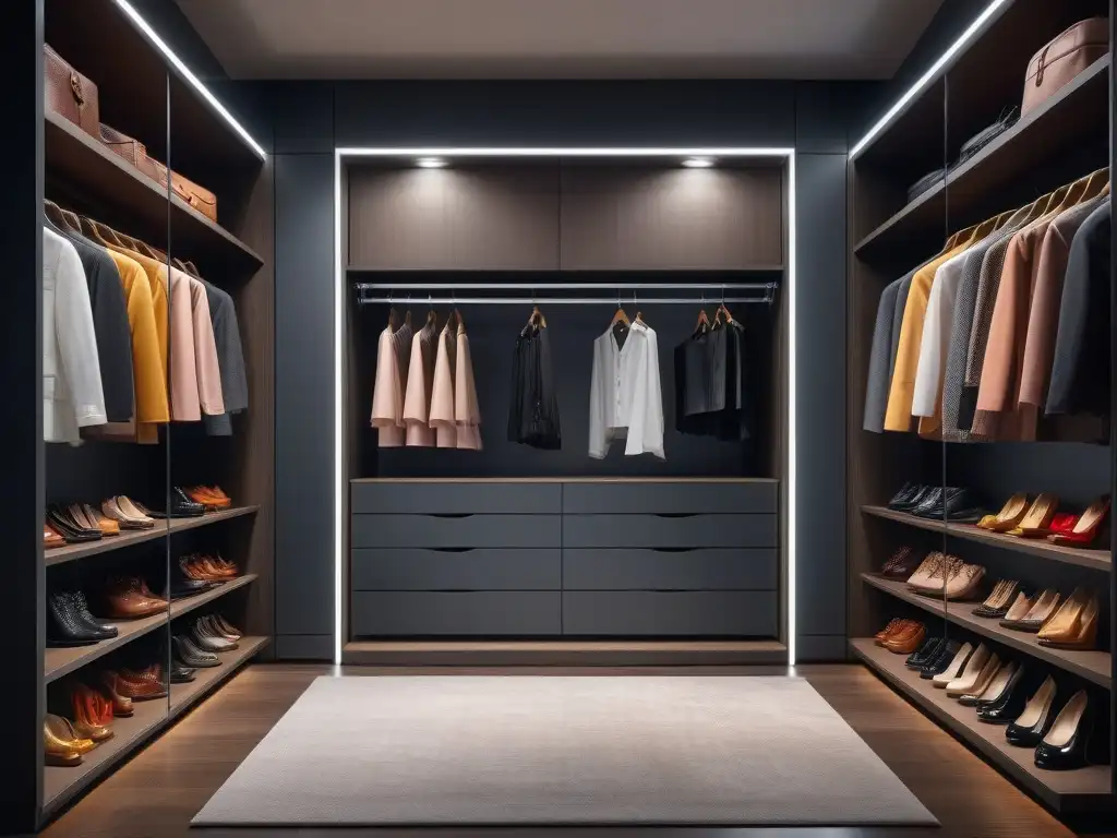 Armario moderno para mujer petite: organización y estilo Organizador de ropa moda para mujeres petite con estilo en un clóset moderno y elegante