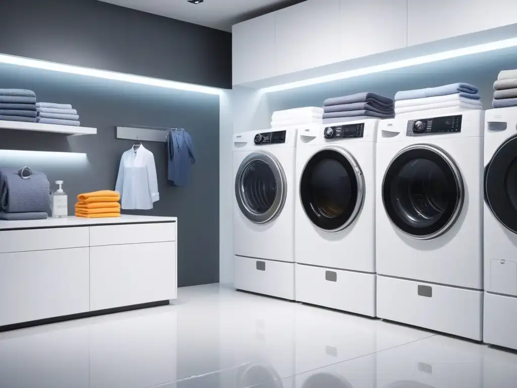 Organización impecable: Lavandería moderna con organizador profesional Una organizadora profesional dobla cuidadosamente ropa tallas tall en un moderno lavadero, transmitiendo meticulosidad y organización
