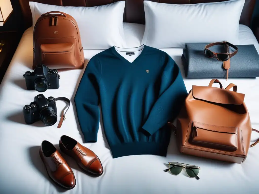 Outfit de viaje minimalista en cama de hotel de lujo Outfit minimalista de viaje en cama de hotel de lujo: ropa, accesorios y mochila de cuero