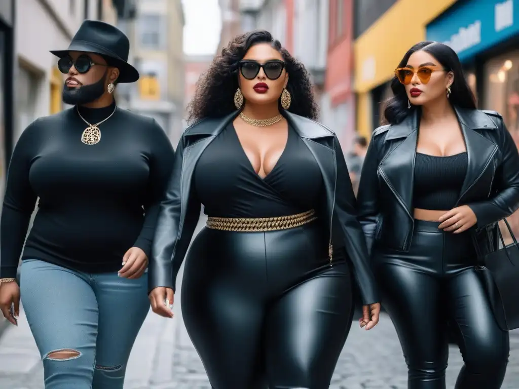 Desfile de moda plussize en la ciudad: estilo y empoderamiento Plussize models lucen outfits negros con estilo en la ciudad, mostrando empoderamiento y moda inclusiva