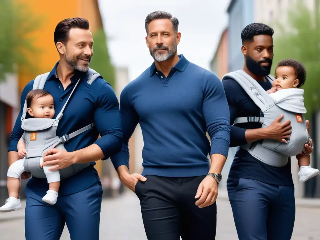 Padres modernos: diversidad y estilo en la crianza Padres diversos lucen estilos de moda con bebés en portabebés ergonómicos