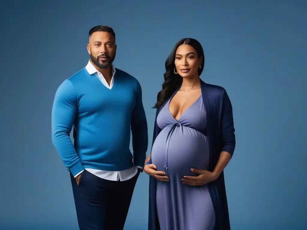 Moda inclusiva para futuros papás: diversidad y estilo en maternidad Padres diversos y seguros lucen moda maternal masculina inclusiva diversa en un estudio minimalista y luminoso