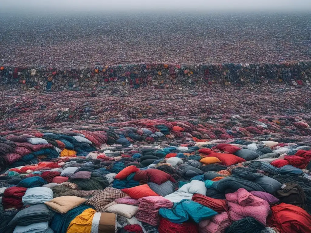 Desperdicio textil: colores vibrantes en un vertedero Un paisaje desolador de un vertedero lleno de ropa desechada, destaca la urgencia de la moda sostenible para todos los cuerpos