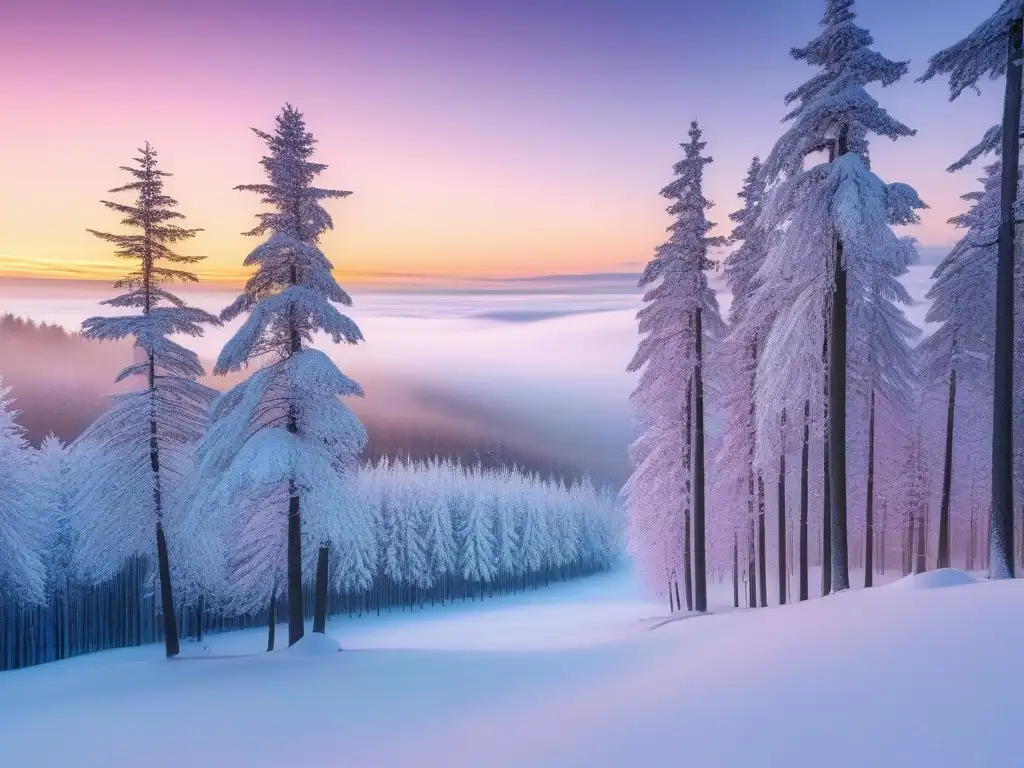 Paisaje invernal mágico: bosque nevado al atardecer Un paisaje invernal sereno al atardecer con un bosque nevado iluminado por una suave luz dorada, evocando paz y belleza