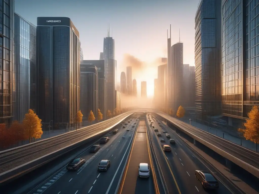 Metropolis Digestiva: Camino hacia el equilibrio y bienestar Un paisaje urbano futurista con beneficios prebióticos y probióticos digestivos