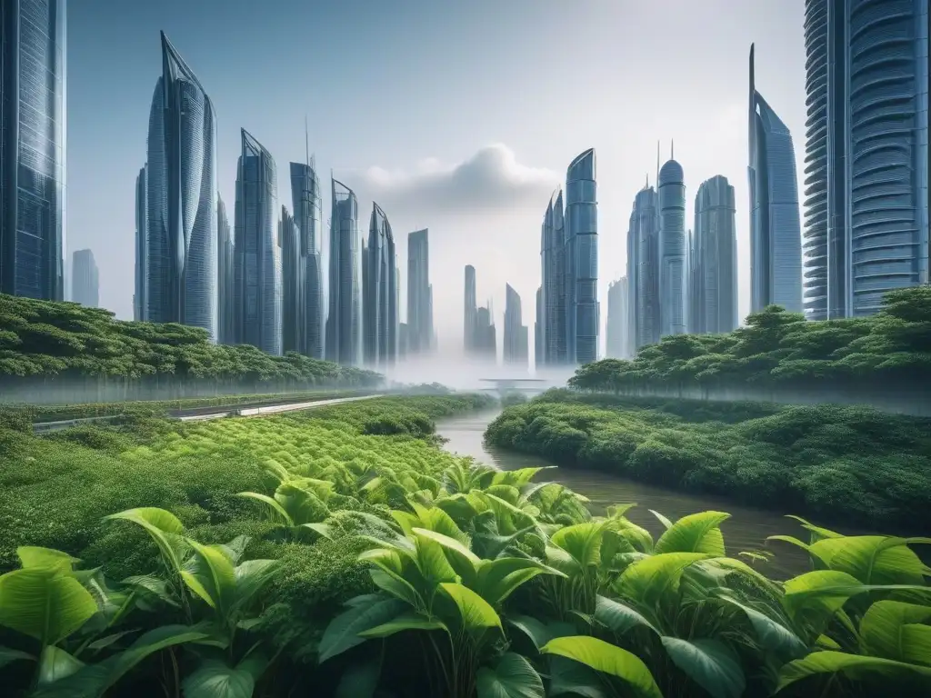 Metrópolis futurista: armonía entre tecnología verde y naturaleza Un paisaje urbano futurista con rascacielos modernos rodeados de vegetación y tecnologías ecológicas, simbolizando un futuro sostenible y consciente del impacto ambiental