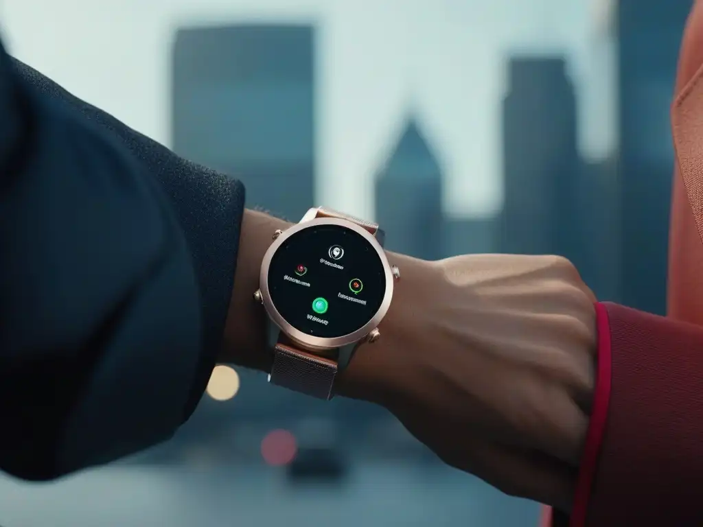 Un paisaje urbano moderno destaca a un grupo diverso con wearables premium, mostrando moda inclusiva y versatilidad
