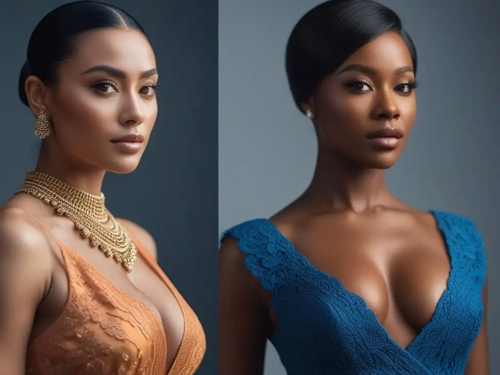Empoderamiento: Diversidad de mujeres con tonos de piel únicos Una paleta de colores tono piel: mujeres diversas, seguras y empoderadas, luciendo outfits que realzan su belleza en un entorno moderno y minimalista