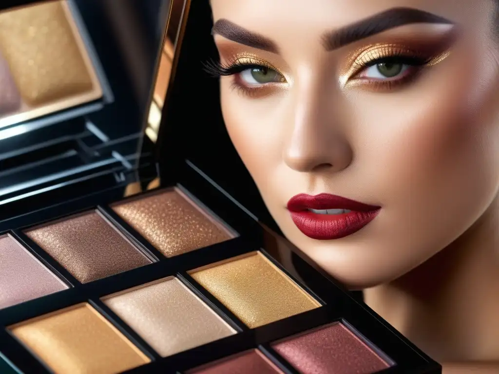 Paleta de maquillaje de lujo con tonos dorados, borgoña y esmeralda Una paleta de maquillaje de alta gama con tonos lujosos en oro, borgoña y esmeralda, ideal para eventos exclusivos