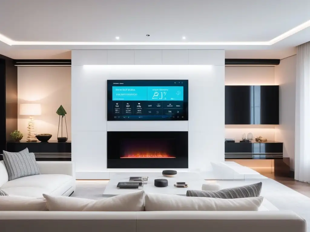 Panel de control de hogar inteligente: lujo y tecnología integrados Panel de control de hogar inteligente futurista en una pared blanca, integrando tecnología de alta gama en un espacio lujoso