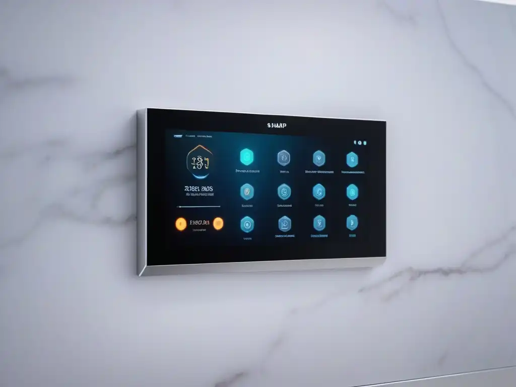 Panel de control inteligente para hogar en mármol de lujo Panel de control de hogar inteligente de lujo en pared de mármol, con gadgets conectados para automatización del hogar