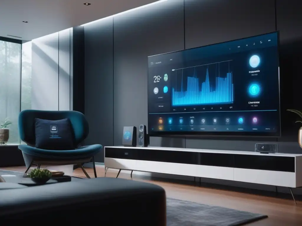 Panel de control smart home de lujo con holograma futurista en sala minimalista Panel de control inteligente de alta gama en hogar lujoso, con dispositivos integrados y pantalla holográfica futurista