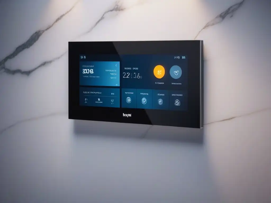 Panel de Control Domótico Futurista en Pared de Mármol Panel de control inteligente en casa de lujo con domótica para estilo y comodidad