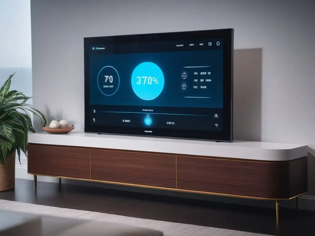 Panel de control inteligente para hogares amplios: lujo y comodidad Un panel de control inteligente, moderno y lujoso para hogares grandes, integrado en un elegante salón con decoración exquisita