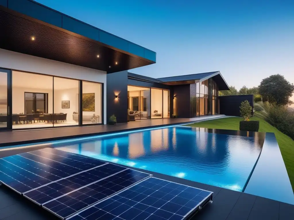 Elegante integración de paneles solares en casa de lujo moderna Paneles solares negros en moderna casa, bajo cielo azul brillante