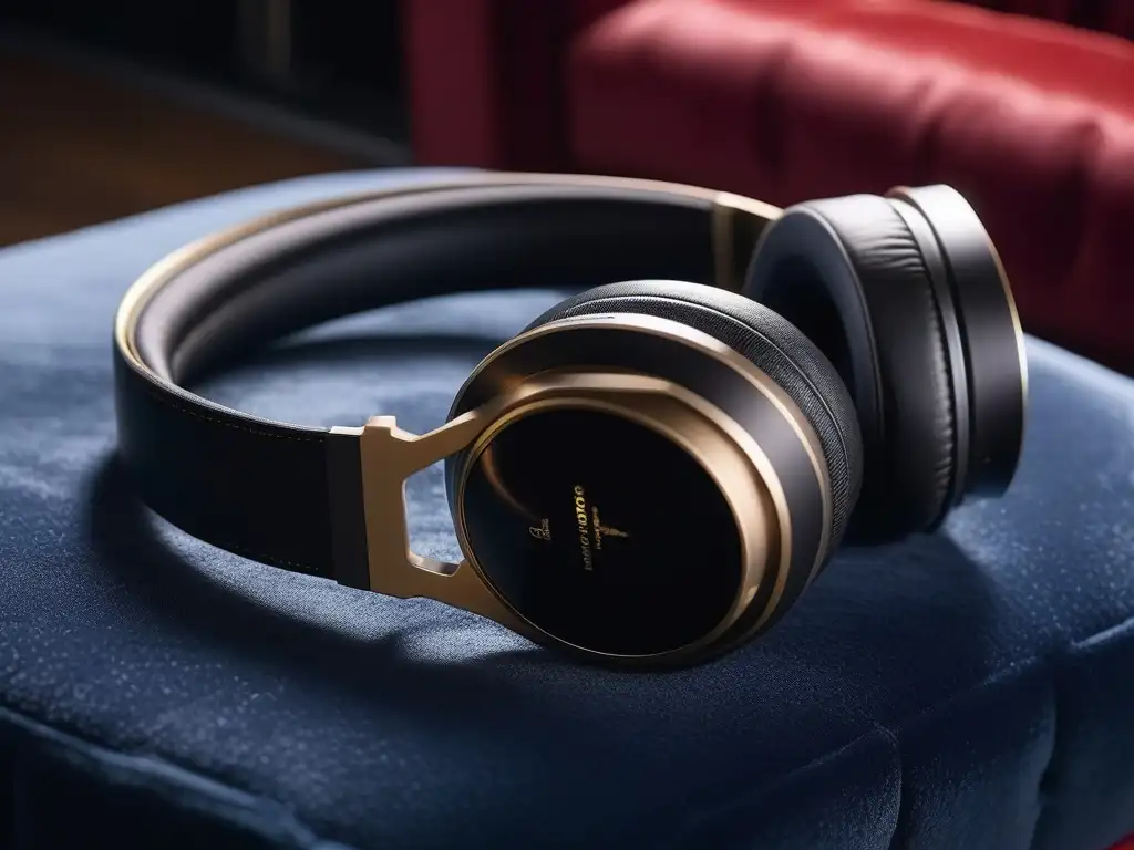Auriculares de alta gama: sofisticación y tecnología innovadora Un par de audífonos de alta gama en un elegante cojín de terciopelo, iluminados sutilmente, con tecnología innovadora visible