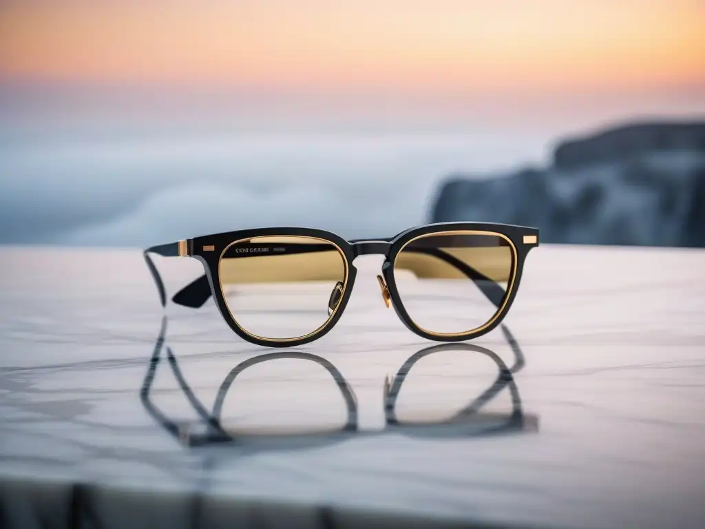 Gafas inteligentes elegantes con toques dorados en mármol Un par elegante de gafas inteligentes con armazón negro y detalles dorados, sobre una encimera de mármol