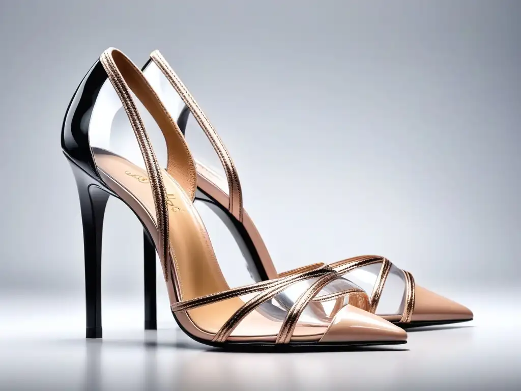 Zapatos de tacón nude de diseño sofisticado y elegante Un par de elegantes tacones nude de punta fina en un sofisticado diseño, perfectos para un look petite