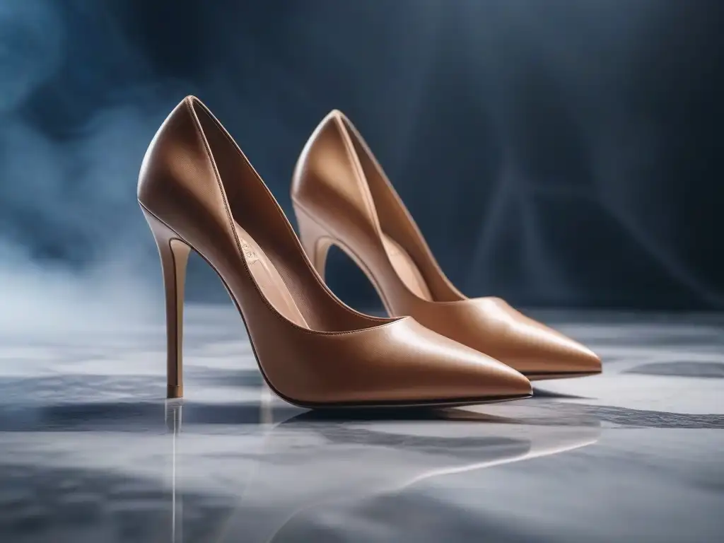 Zapatos de tacón nude elegantes y sofisticados - Detalles y brillo sutiles Un par de elegantes zapatos nude de punta, con un sutil brillo sobre suelo de mármol, iluminados etéreamente