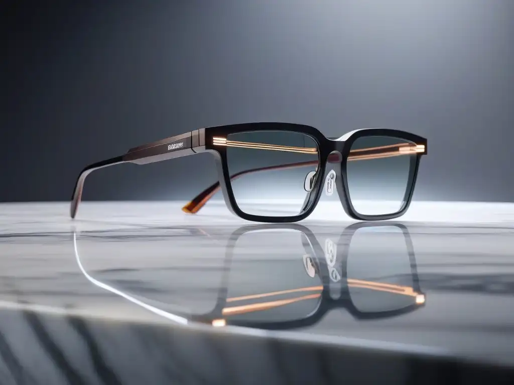Gafas inteligentes de diseño: sofisticación y tecnología futurista Un par de gafas inteligentes de diseño en una encimera de mármol, con una persona a la moda reflejada en ellas