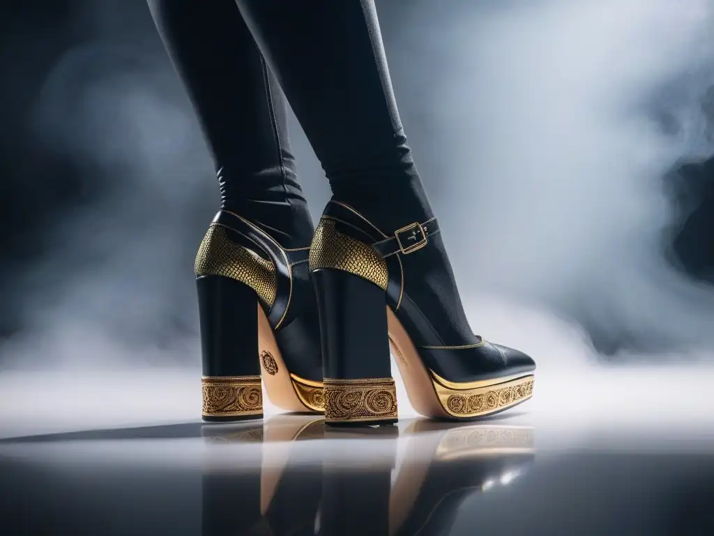 Zapatos de tacón elegantes en cuero negro y detalles dorados Un par de zapatos de diseñador para todas en cuero negro con detalles dorados, reflejados en una superficie brillante