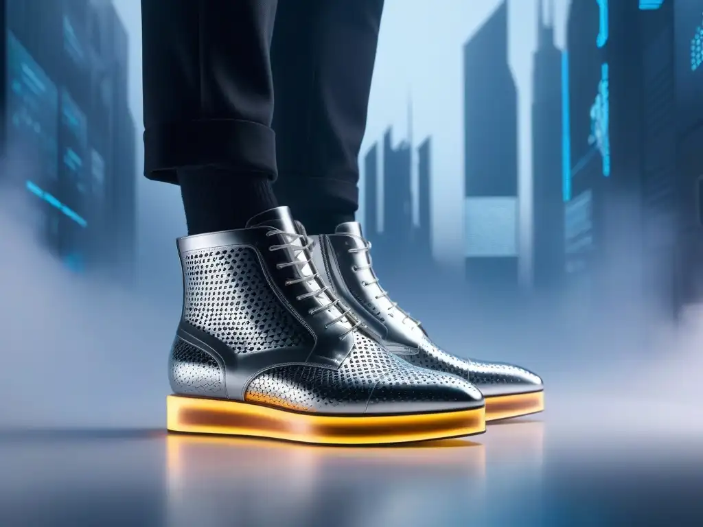 Zapatos futuristas de alta tecnología con luces LED integradas Un par de zapatos de moda futuristas con detalles metálicos y luces LED, en un escenario high-tech