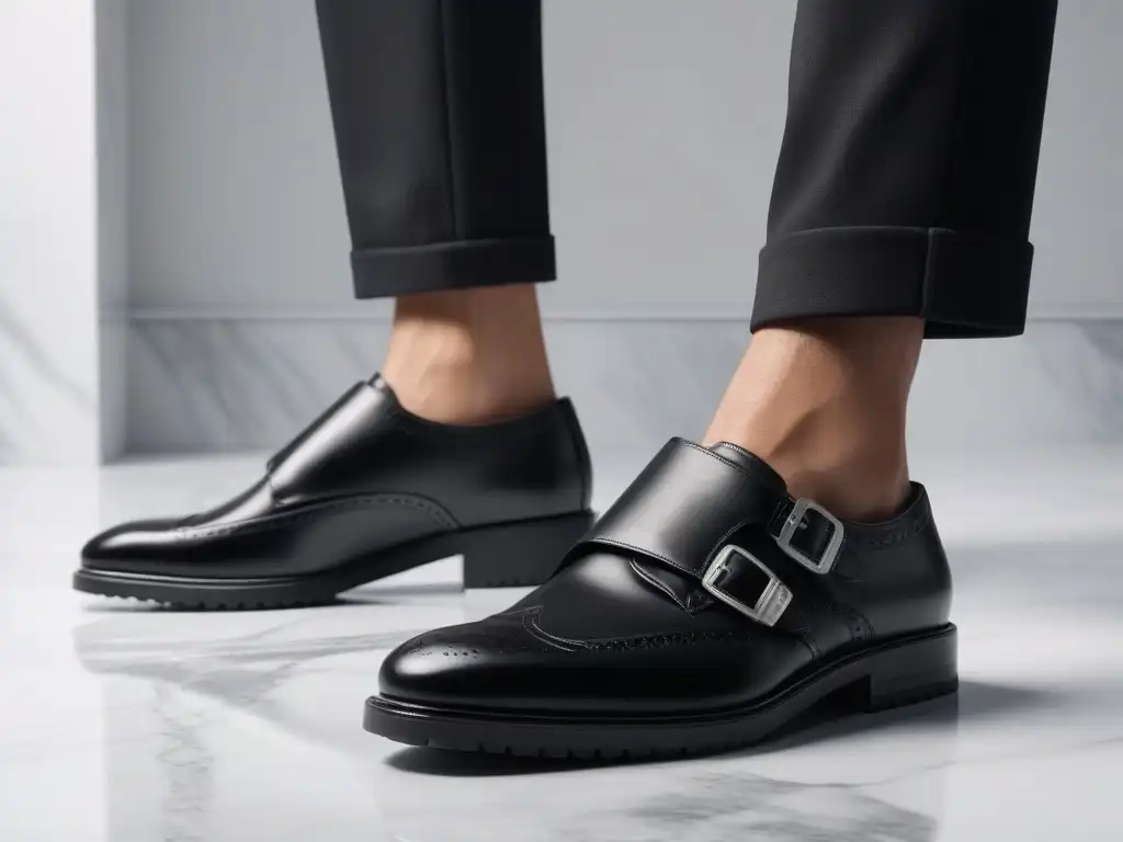 Zapatos de cuero negro con Velcro: elegancia y comodidad para seniors Un par de zapatos negros de cuero con Velcro para seniors sobre mármol blanco
