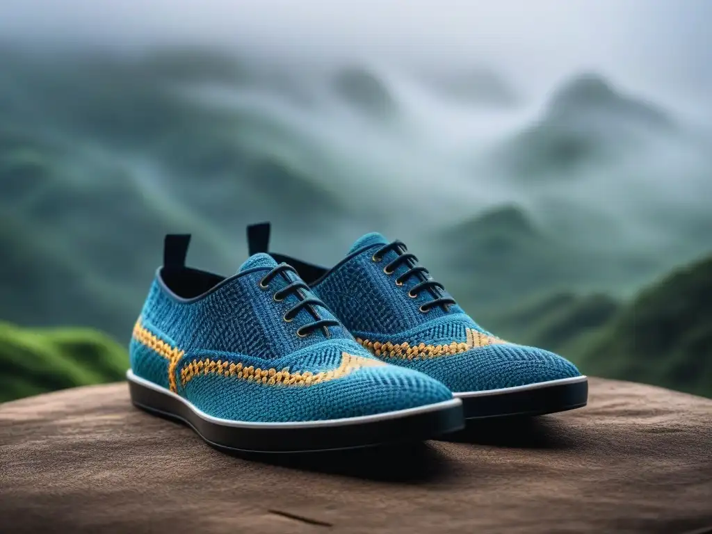 Zapatos sostenibles: diseño vibrante y detalles únicos Un par de zapatos sostenibles y de moda diversa, con detallados tejidos y colores vibrantes