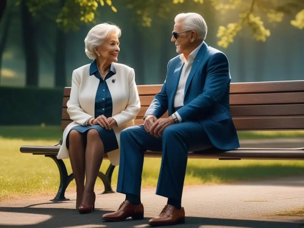 Elegancia y comodidad: pareja mayor disfruta del parque con calzado trendy Una pareja de ancianos elegante con calzado adecuado para seniors, disfrutando de la serenidad de un parque