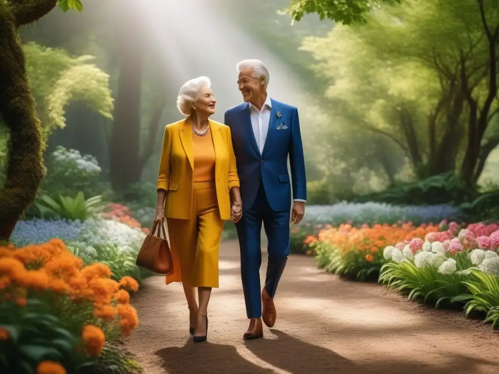 Moda sostenible para seniors: elegancia en el jardín botánico Una pareja de ancianos elegante en moda sostenible, pasea por un jardín botánico lleno de flores vibrantes y árboles altos