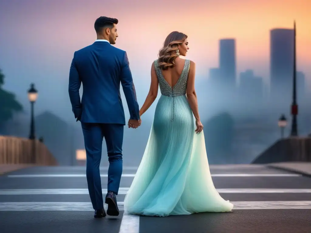 Romance urbano al atardecer: pareja elegante de la ciudad Una pareja elegante disfruta del atardecer en la ciudad, demostrando estilismo para parejas de diferente altura